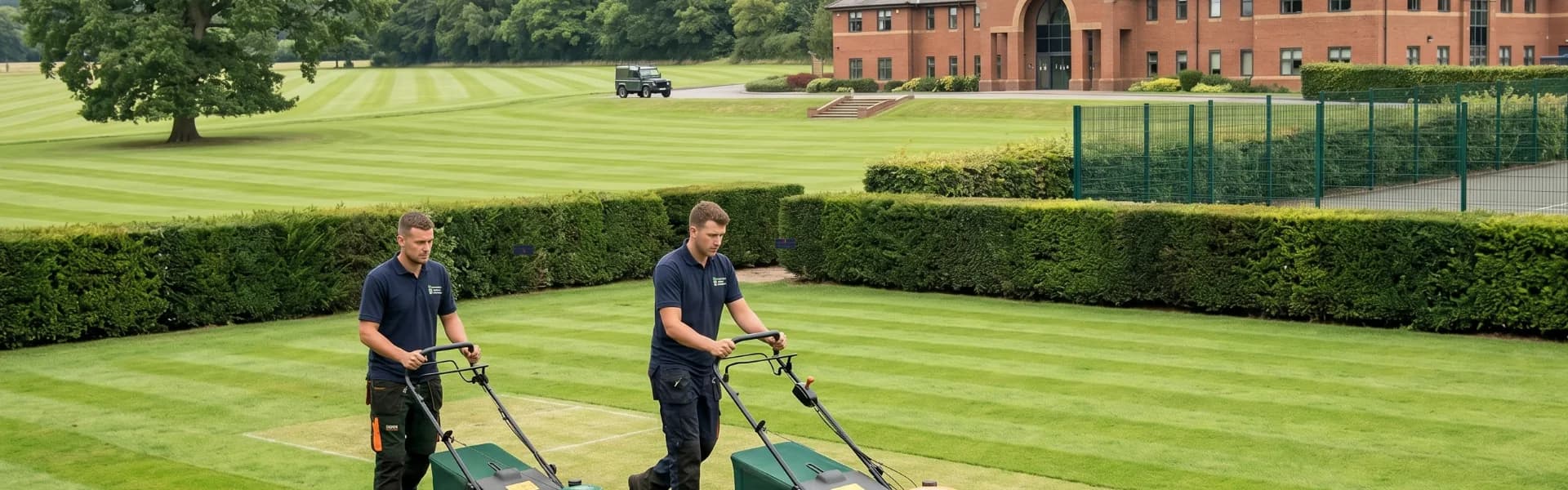 Grounds maintenance team mowing school playing fields